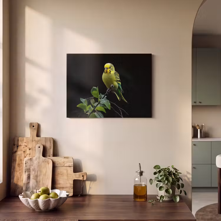 Akoestisch schilderij - Parkiet - Tak - Bladeren - Geel — 4