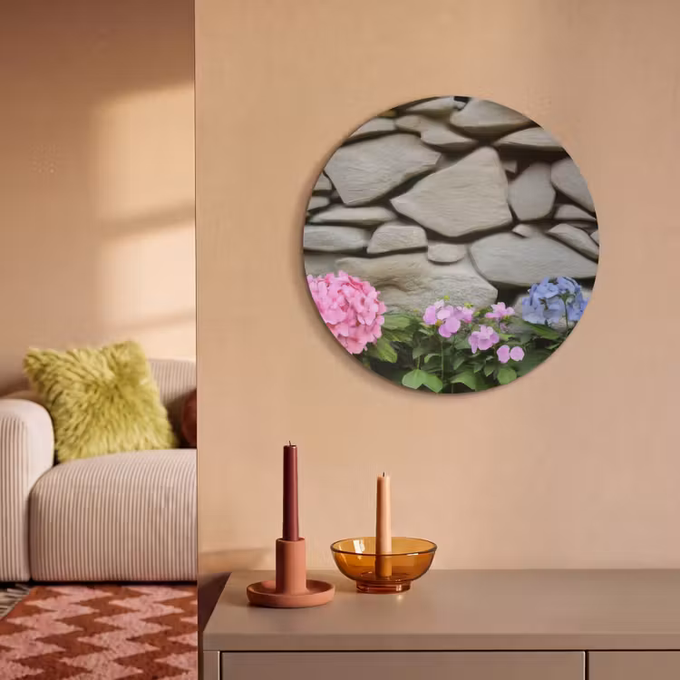 Akoestisch schilderij - Hortensia’s - Stenen - Muur - Bloemen — 2
