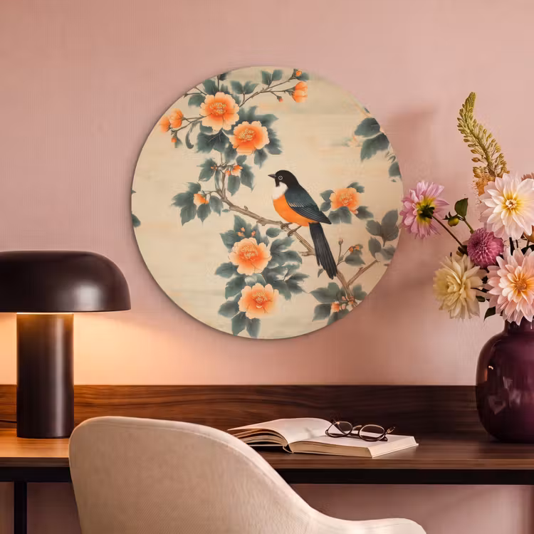 Akoestisch schilderij rond - Vogel - Tak - Bloemen - Oranje — 6