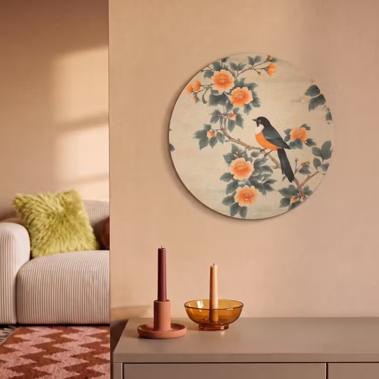 Akoestisch schilderij rond - Vogel - Tak - Bloemen - Oranje — 2