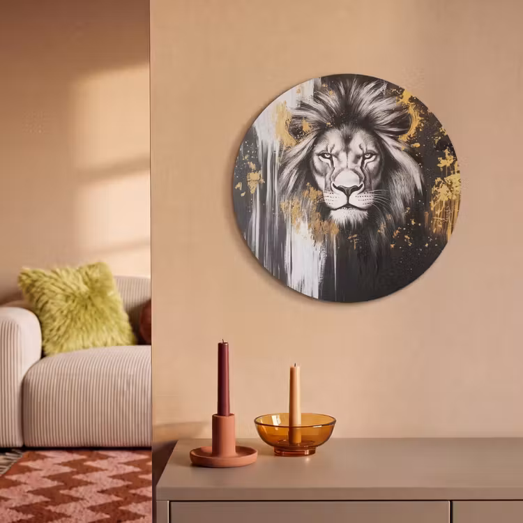 Akoestisch schilderij rond - Leeuw - Portret - Verfspatten - Grijs — 2