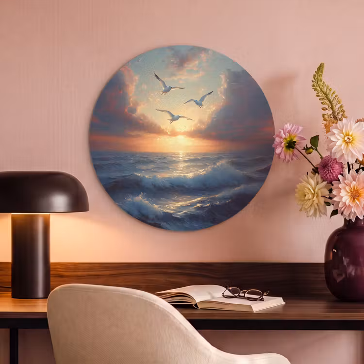 Akoestisch schilderij rond - Meeuwen - Zonsondergang - Zee - Wolken — 6