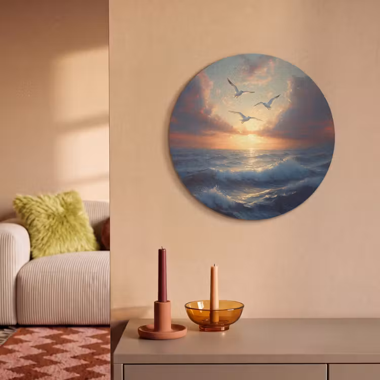 Akoestisch schilderij rond - Meeuwen - Zonsondergang - Zee - Wolken — 2