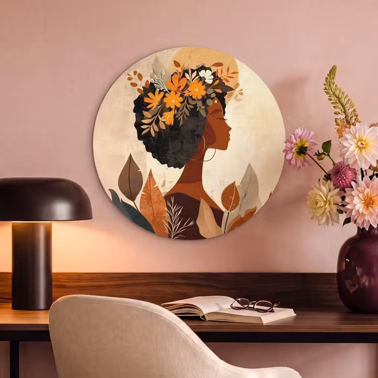 Akoestisch schilderij rond - Vrouw - Krullen - Bloemen - Beige — 6