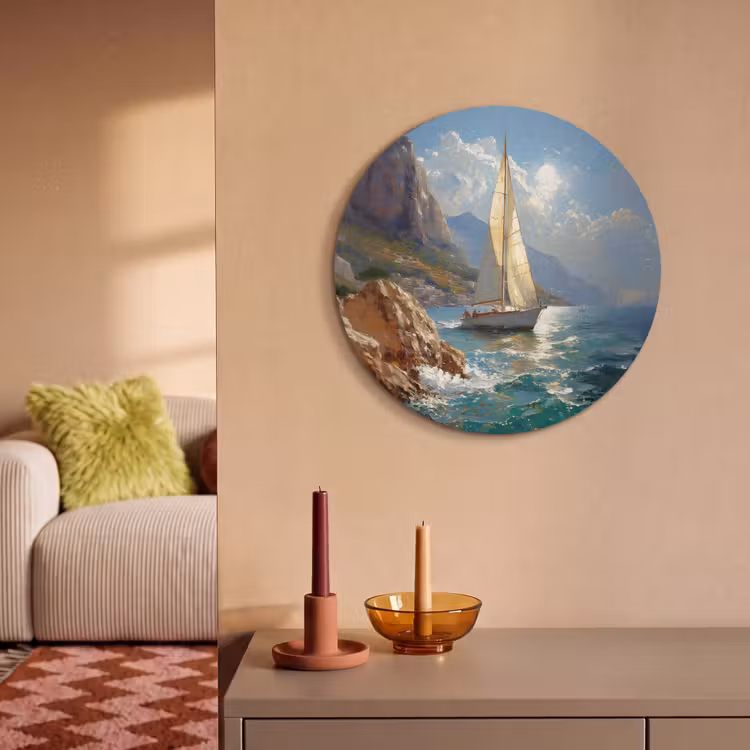Akoestisch schilderij rond - Zeilschip - Zee - Rotsen - Wolken — 2