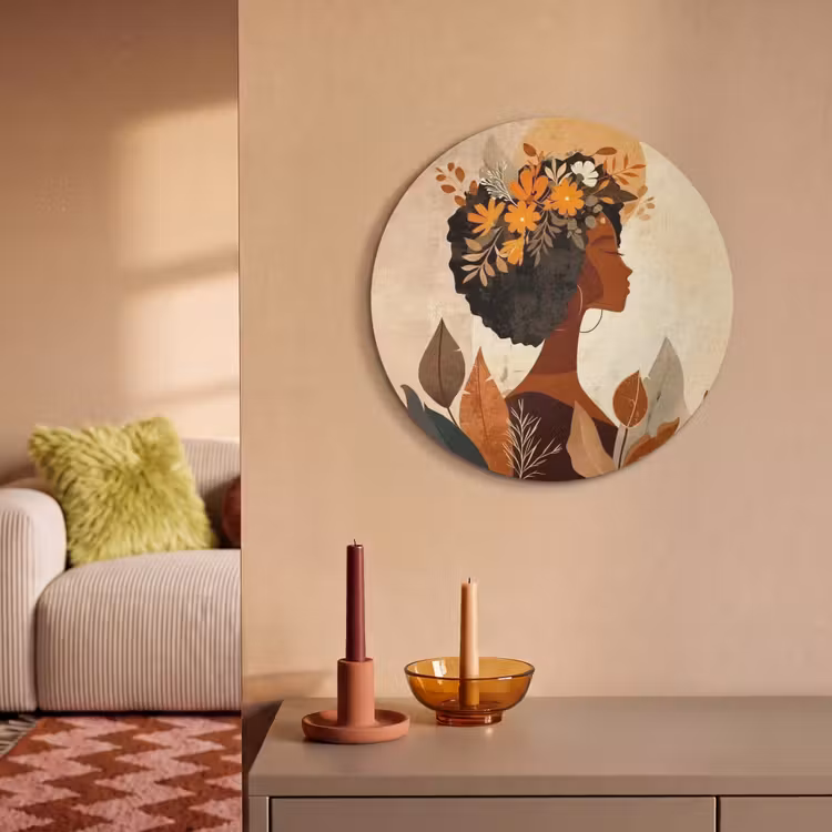 Akoestisch schilderij rond - Vrouw - Krullen - Bloemen - Beige — 2