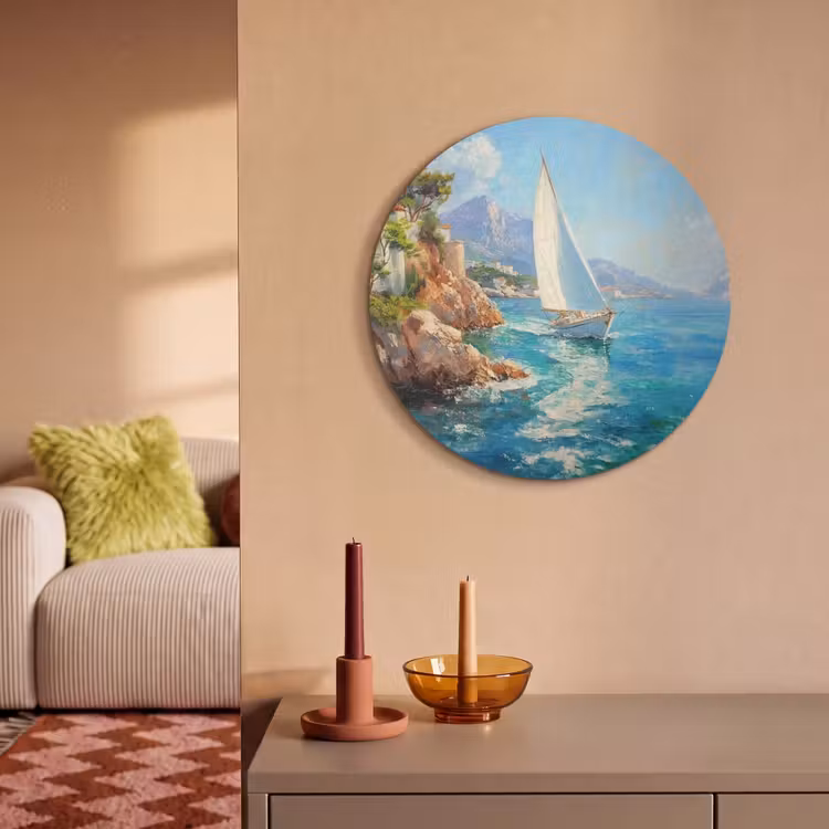 Akoestisch schilderij rond - Zeilboot - Rotsen - Kust - Huizen — 2