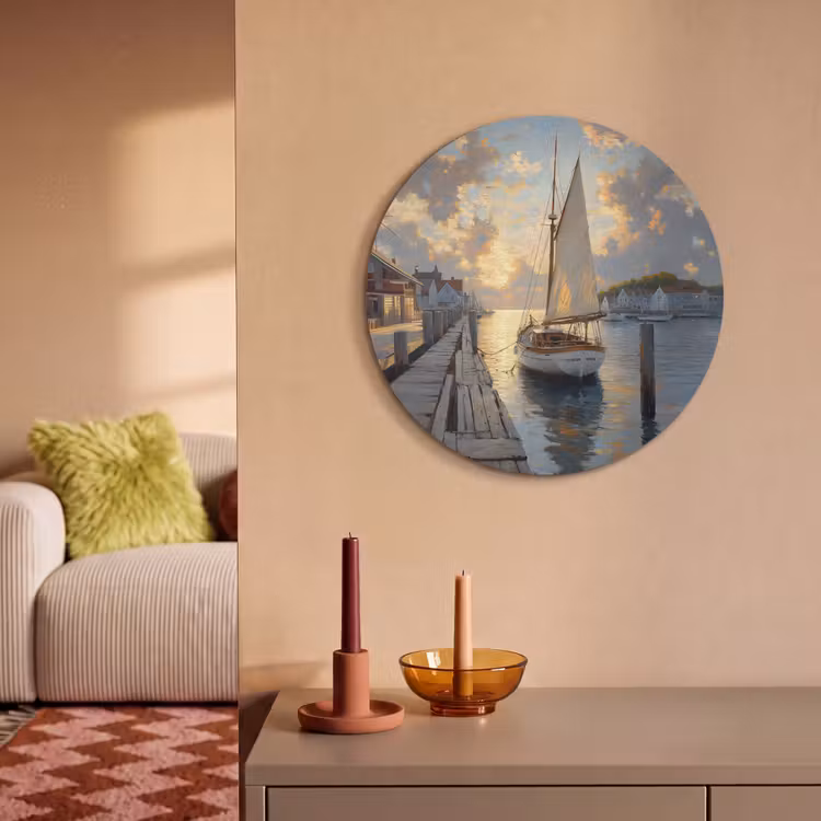 Akoestisch schilderij rond - Zeilboot - Zon - Pier - Hout — 2