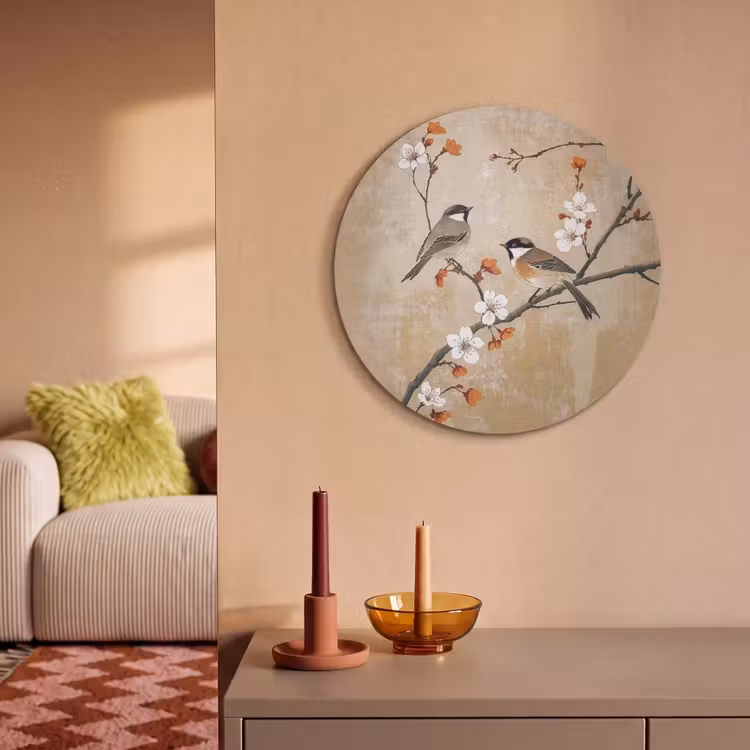 Akoestisch schilderij rond - Vogels - Bloesemtak - Bloemen - Oranje — 2