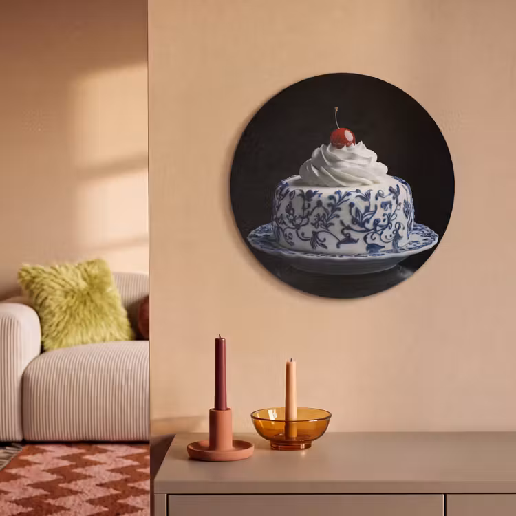 Akoestisch schilderij rond - Taart - Slagroom - Kers - Bord - Delfts blauw — 2