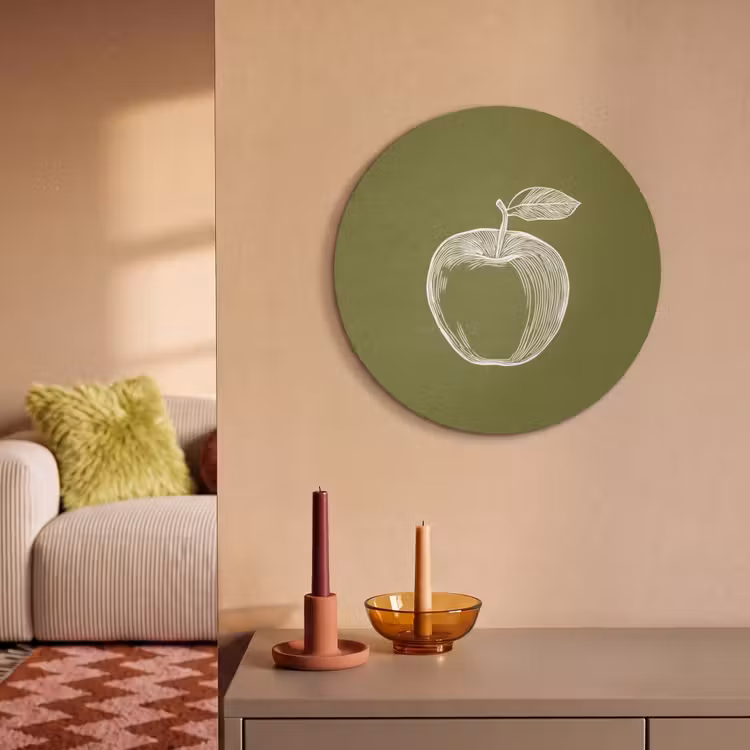 Akoestisch schilderij rond - Lijntekening - Appel - Olijfgroen - Blaadje — 2
