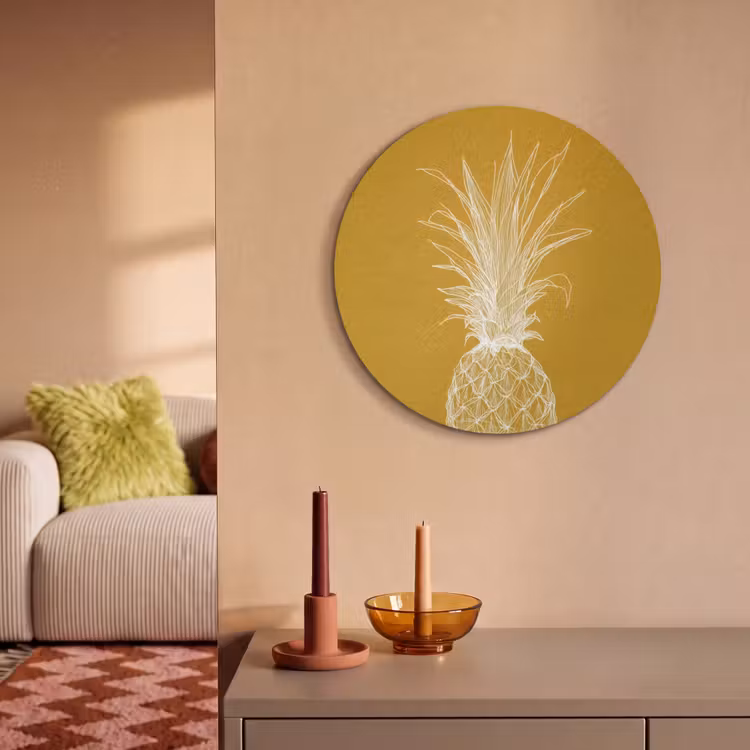 Akoestisch schilderij rond - Lijnillustratie - Ananas - Bladkroon - Okergeel — 2