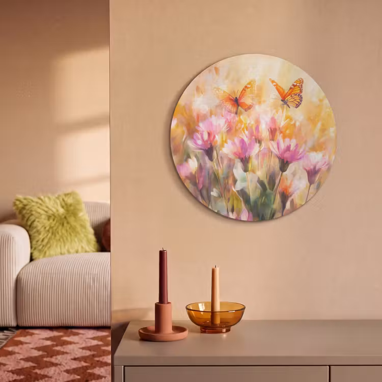 Akoestisch schilderij rond - Vlinders - Oranje - Bloemen — 2