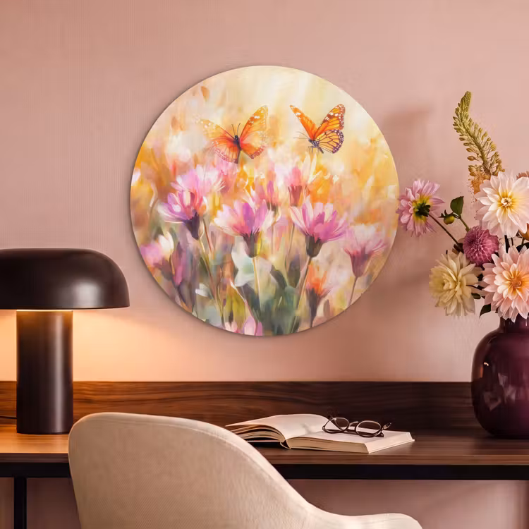 Akoestisch schilderij rond - Vlinders - Oranje - Bloemen — 6