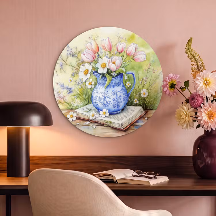 Akoestisch schilderij rond - Vaas - Delftsblauw - Madeliefjes — 6