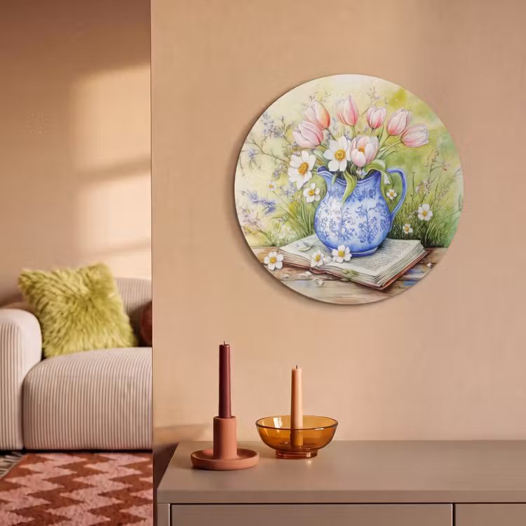 Akoestisch schilderij rond - Vaas - Delftsblauw - Madeliefjes — 2