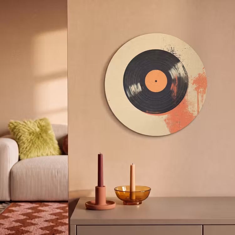 Akoestisch schilderij rond - Vinylplaat - Zwart - Verfspatten - Retro — 2