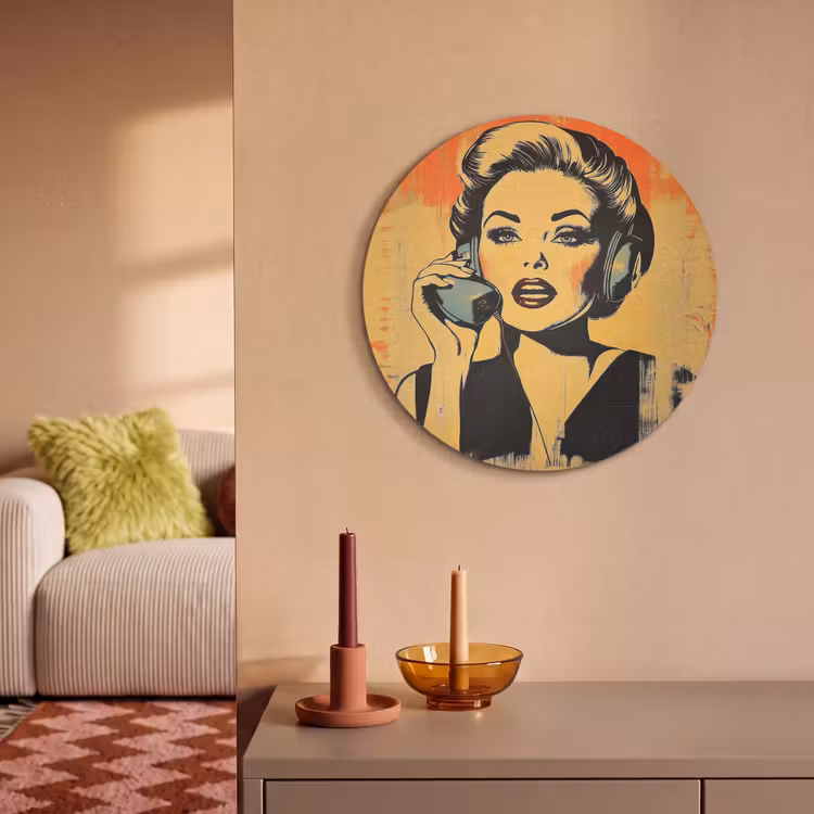 Akoestisch schilderij rond - Retro - Vrouw - Koptelefoon - Oranje — 2
