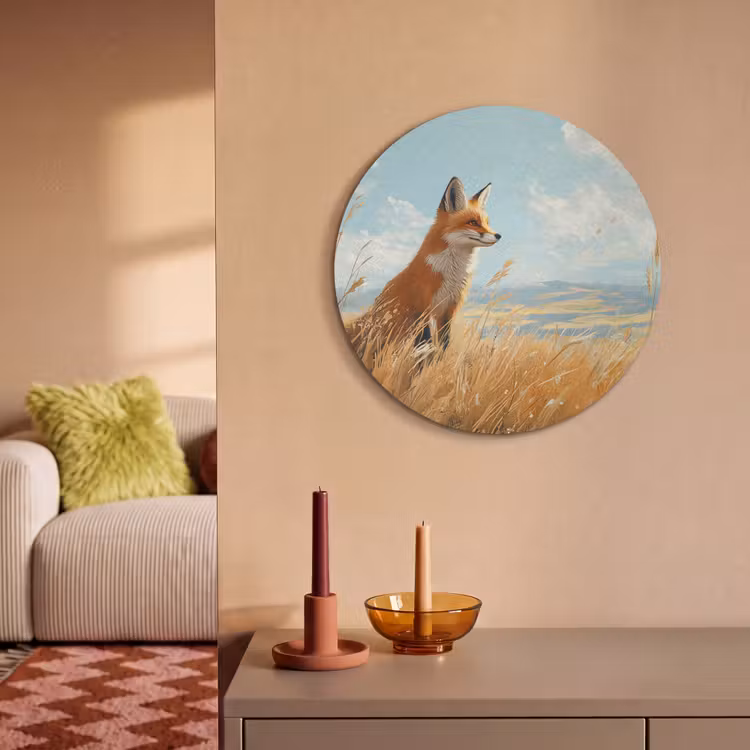 Akoestisch schilderij rond - Vos - Gras - Wolken - Oranje — 2