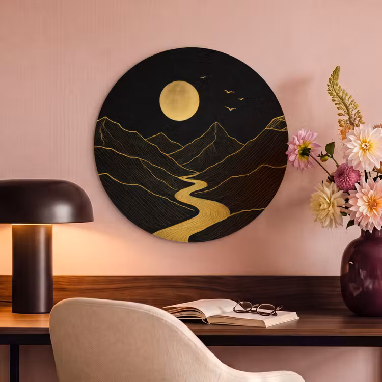 Akoestisch schilderij rond - Rivier - Goud - Maan - Vogels — 6