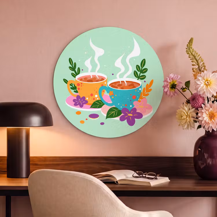 Akoestisch schilderij rond - Thee - Illustratie - Kopjes - Bloemen — 6
