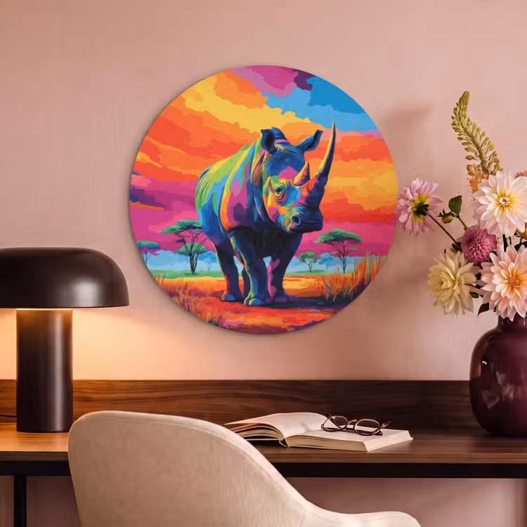 Akoestisch schilderij rond - Neushoorn - Zonsondergang - Savanna - Kleurrijk — 6