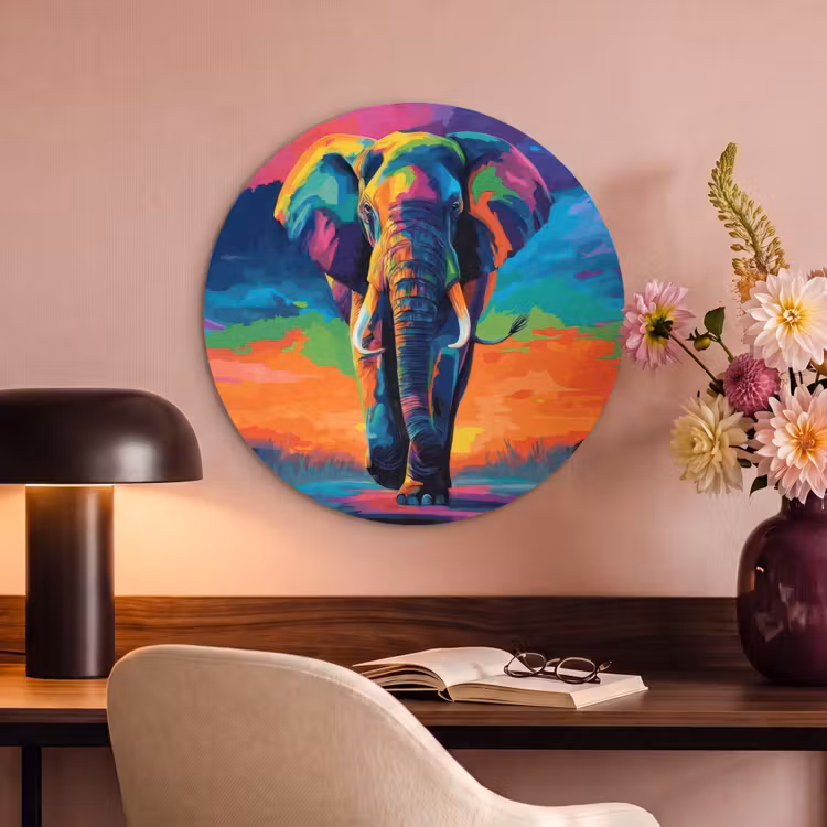 Akoestisch schilderij rond - Olifant - Kleurrijk - Lucht - Abstract — 6