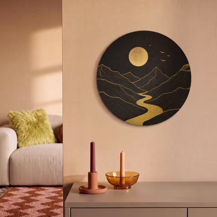Akoestisch schilderij rond - Rivier - Goud - Maan - Vogels — 2