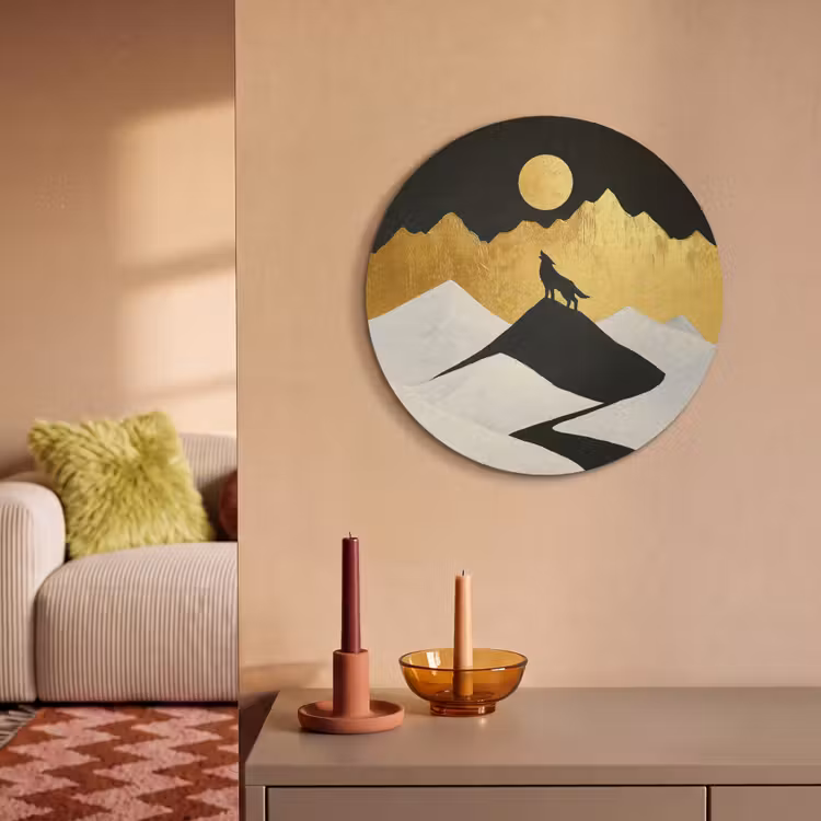 Akoestisch schilderij rond - Wolf - Bergen - Maan - Zwart — 2