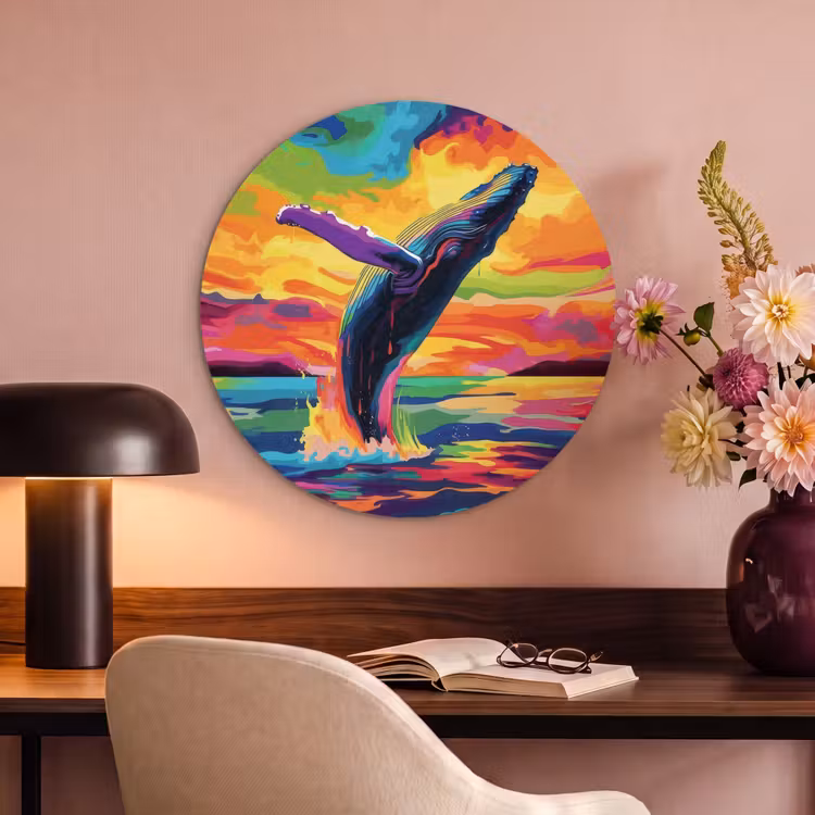 Akoestisch schilderij rond - Zonsondergang - Walvis - Geschilderd - Kleurrijk — 6