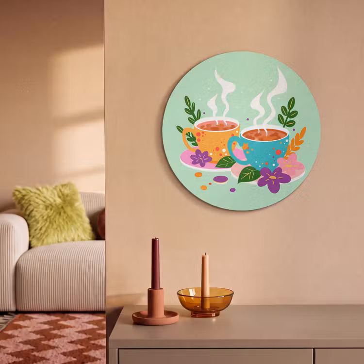 Akoestisch schilderij rond - Thee - Illustratie - Kopjes - Bloemen — 2