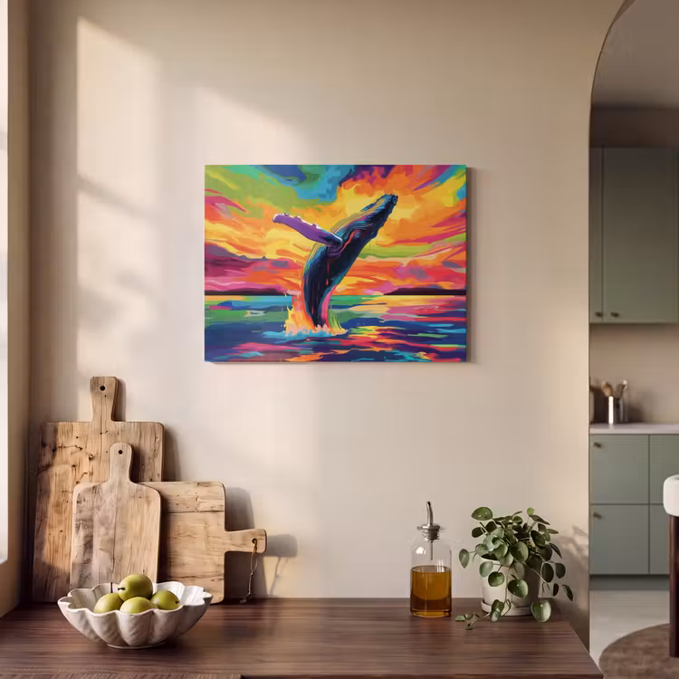 Akoestisch schilderij - Zonsondergang - Walvis - Geschilderd - Kleurrijk — 4