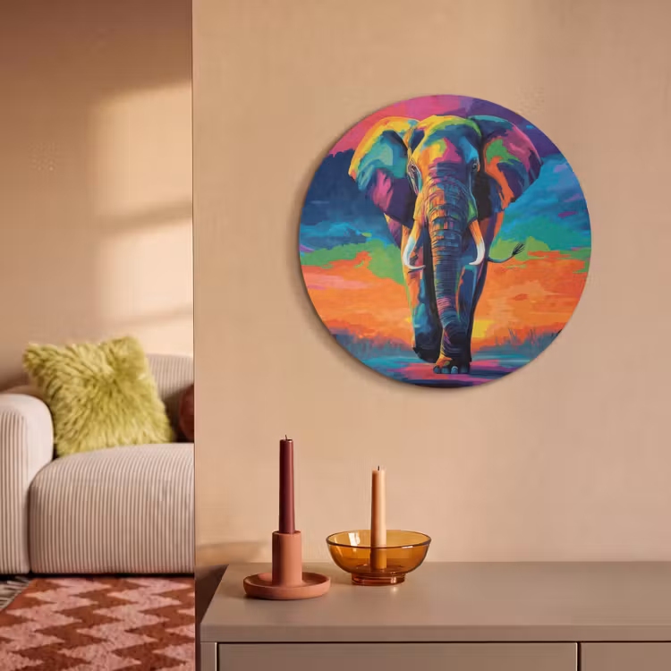 Akoestisch schilderij rond - Olifant - Kleurrijk - Lucht - Abstract — 2