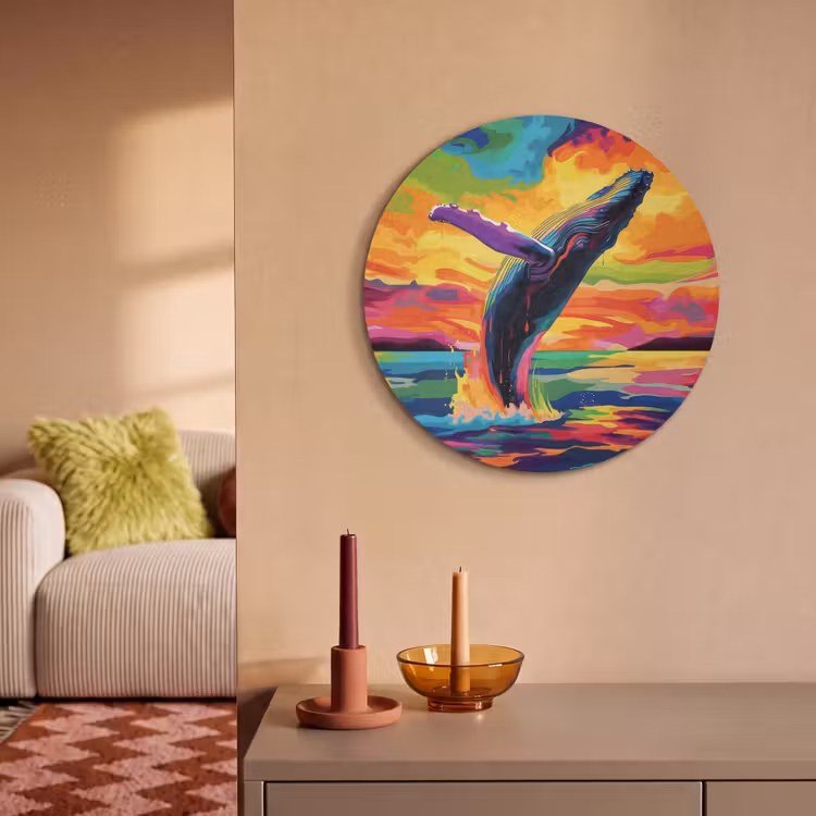 Akoestisch schilderij rond - Zonsondergang - Walvis - Geschilderd - Kleurrijk — 2