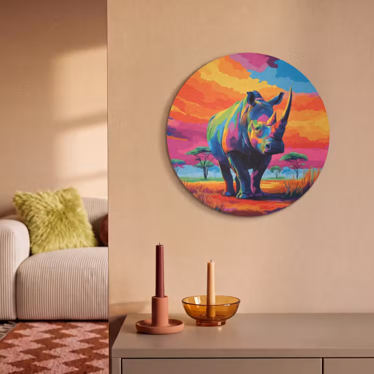 Akoestisch schilderij rond - Neushoorn - Zonsondergang - Savanna - Kleurrijk — 2