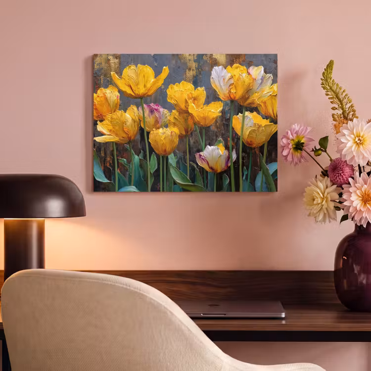 Akoestisch schilderij - Tulpen - Geel - Penseelstreken - Abstract — 6
