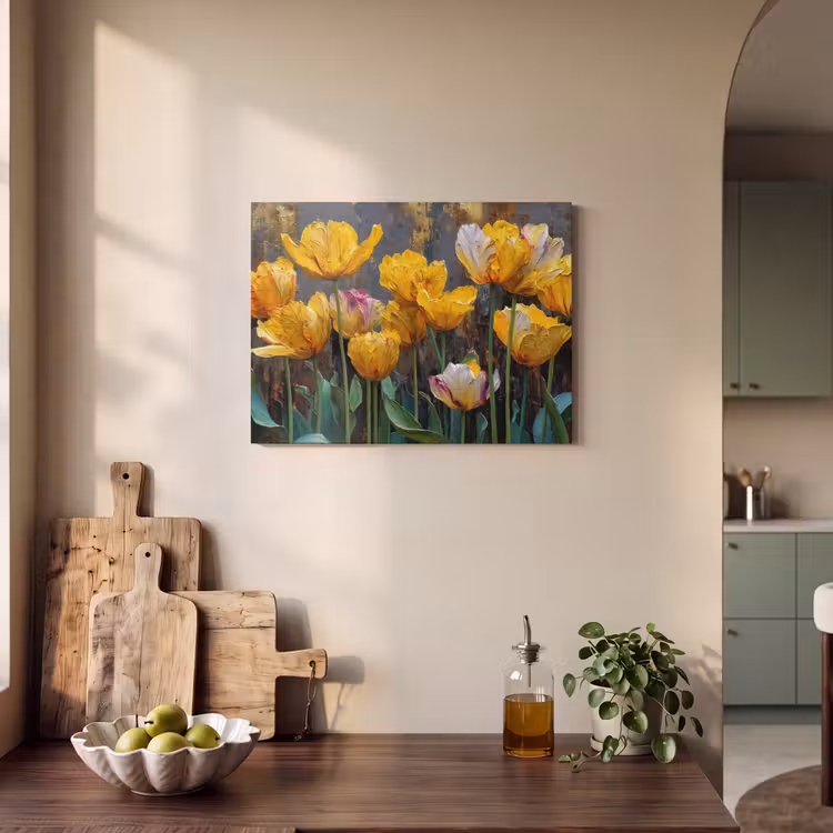 Akoestisch schilderij - Tulpen - Geel - Penseelstreken - Abstract — 4
