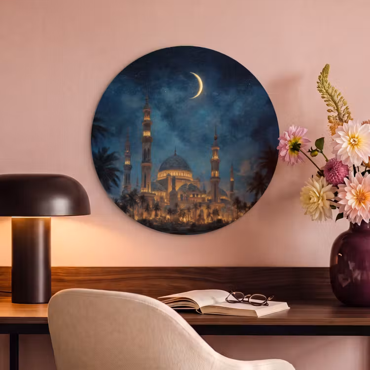 Akoestisch schilderij rond - Sterrenhemel - Maan - Palmbomen - Moskee — 6