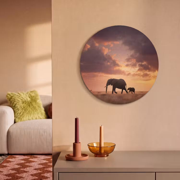 Akoestisch schilderij rond - Olifanten - Grasland - Zonsondergang — 2