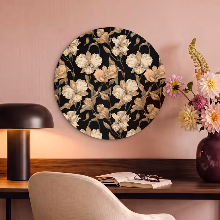 Akoestisch schilderij rond - Orchideeën - Lijntekening - Patroon - Beige - Zwart — 6