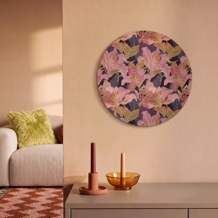 Akoestisch schilderij rond - Lelies - Patroon - Roze - Goud — 2