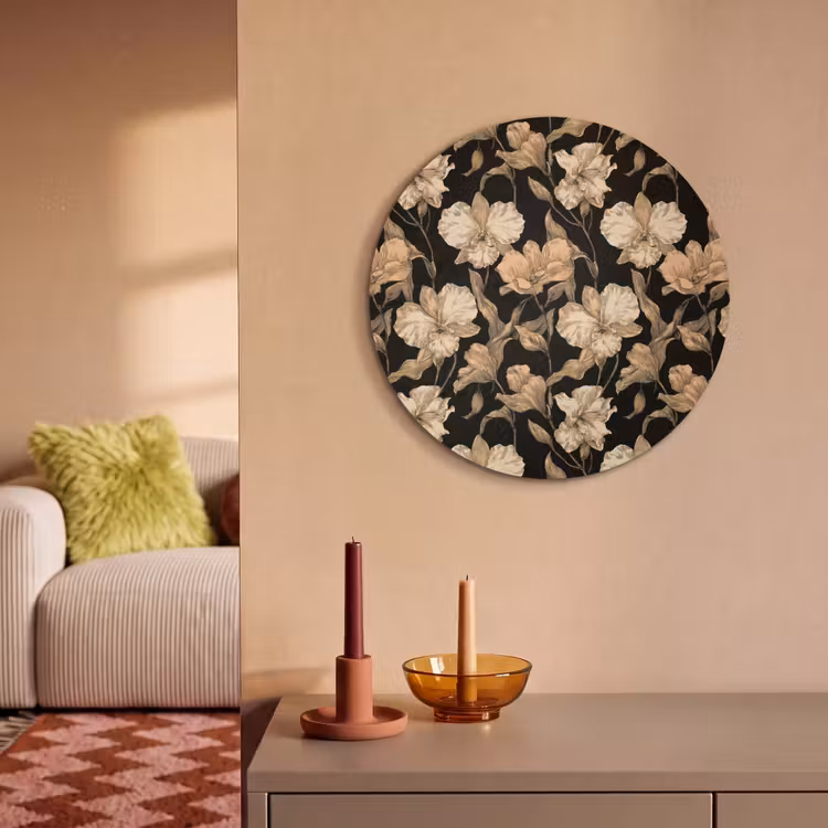 Akoestisch schilderij rond - Orchideeën - Lijntekening - Patroon - Beige - Zwart — 2