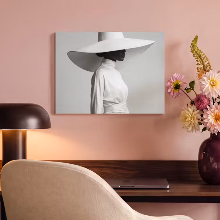 Akoestisch schilderij - Vrouw - Profiel - Hoed - Zwart - Wit - Minimalistisch — 6