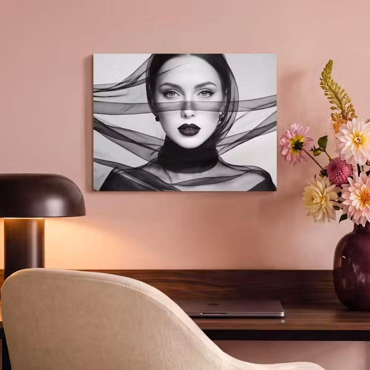 Akoestisch schilderij - Vrouw - Sluier - Portret - Zwart - Wit - Elegant — 6