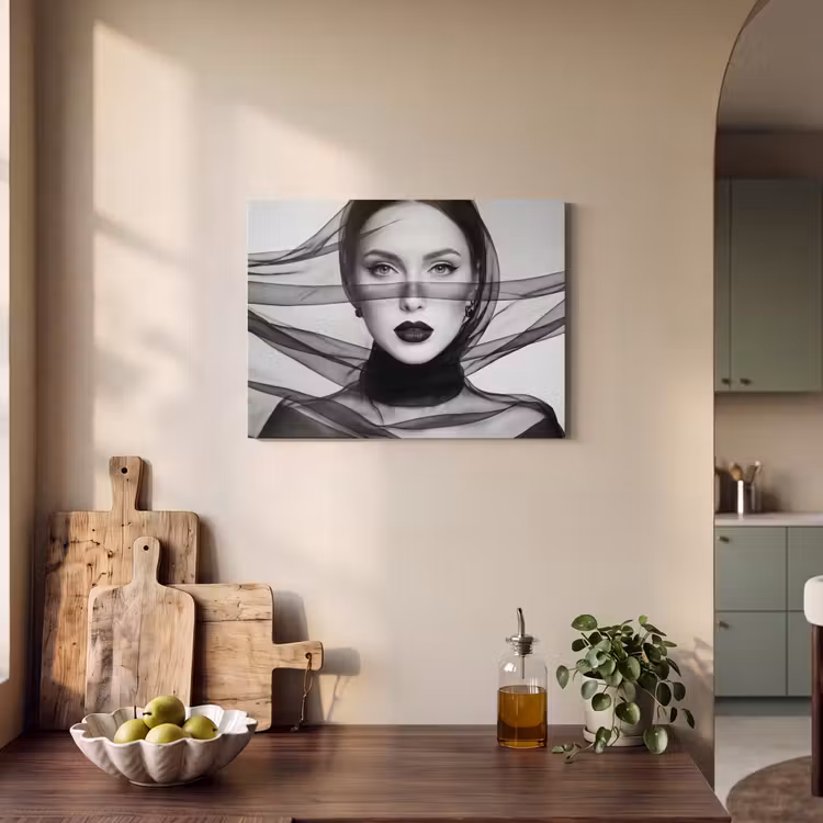 Akoestisch schilderij - Vrouw - Sluier - Portret - Zwart - Wit - Elegant — 4