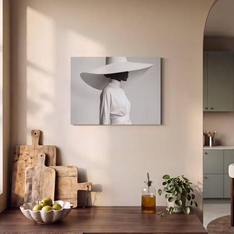 Akoestisch schilderij - Vrouw - Profiel - Hoed - Zwart - Wit - Minimalistisch — 4