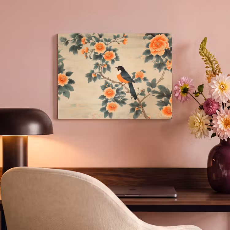 Akoestisch schilderij - Vogel - Tak - Bloemen - Oranje — 6