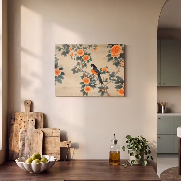 Akoestisch schilderij - Vogel - Tak - Bloemen - Oranje — 4