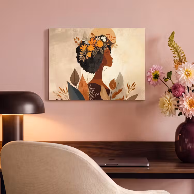 Akoestisch schilderij - Vrouw - Krullen - Bloemen - Beige — 6