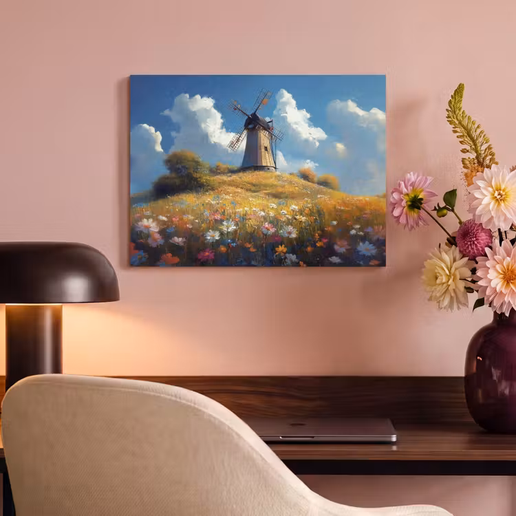 Akoestisch schilderij - Windmolen - Heuvel - Bloemen - Kleurrijk — 6